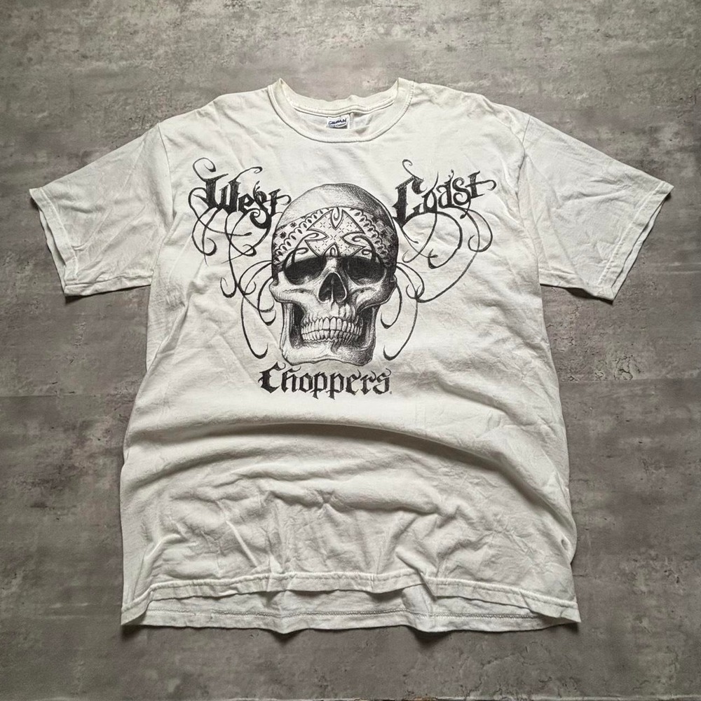 West Coast Choppers Graphic Tee Mens Large White Y2K Skull Bandana Shirt